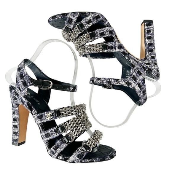 CHANEL Tweed Strappy Chain Interlocking CC Heeled Sandals - Picture 4 of 14
